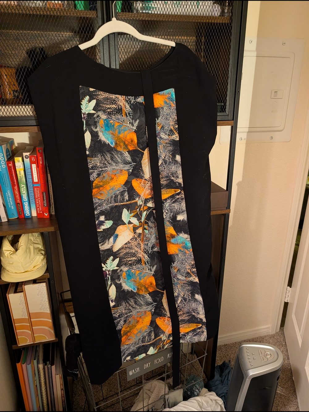 Black Midi Dress with Orange & Teal Floral Panel
